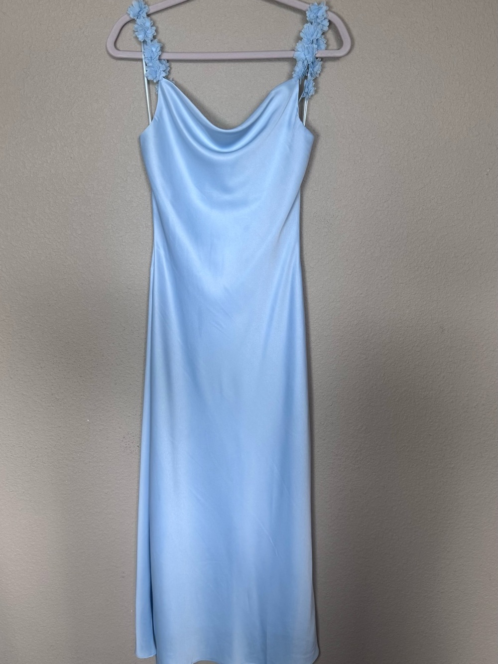 NWOT Floral Appliqué Strap Satin Dress Cowl Neck Maxi Romantic Coquett Baby Blue